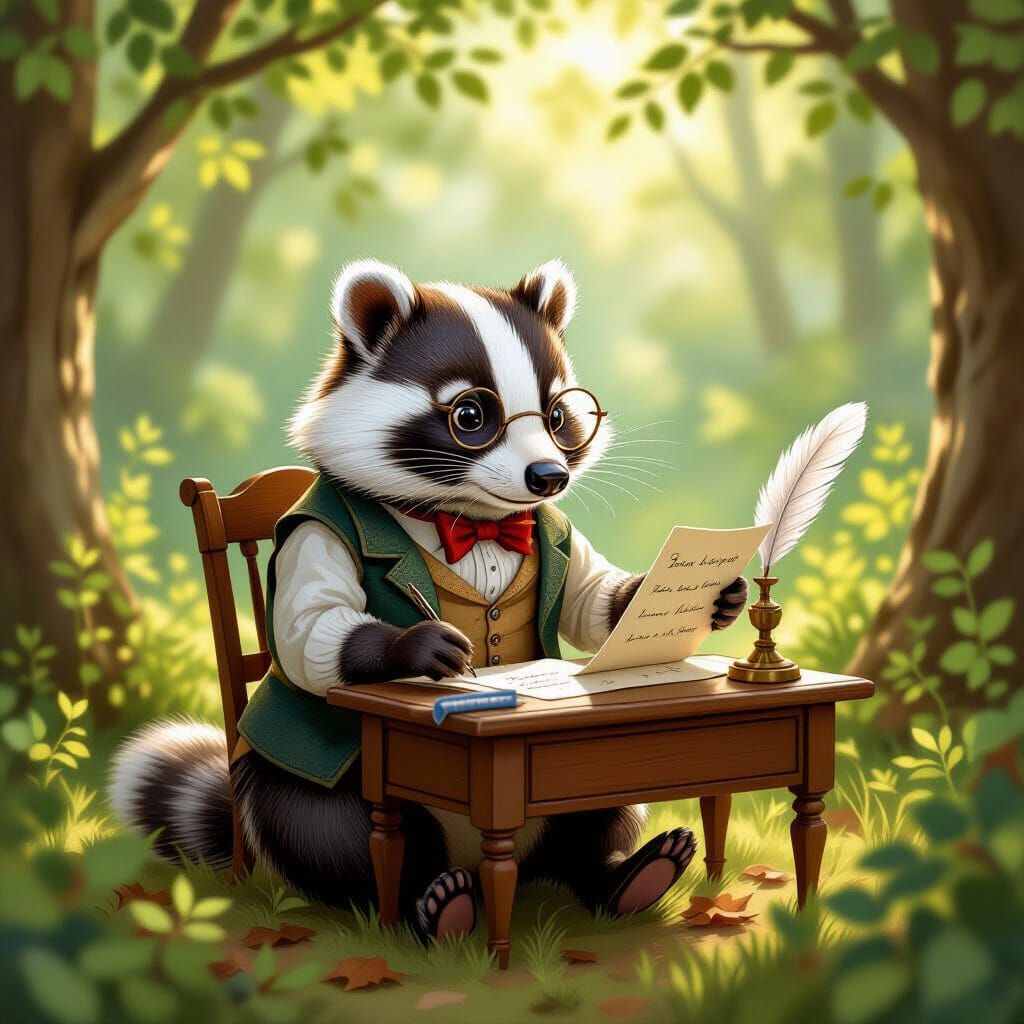 Whimsical Badger Writes Letter in Sun-Dappled Forest
