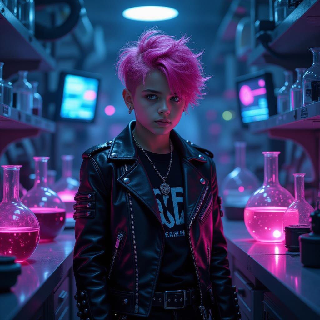 Goth Boy in Cyberpunk Laboratory with Pink Highlights