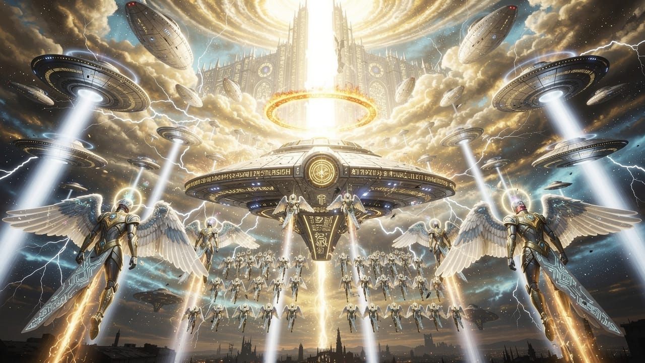 Divine Armada Descends from Swirling Celestial Clouds