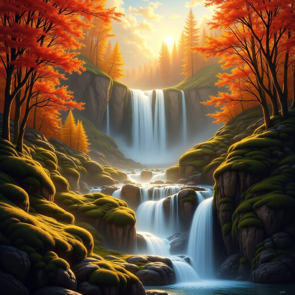 Majestic Autumn Waterfall in Fiery Fall Colors