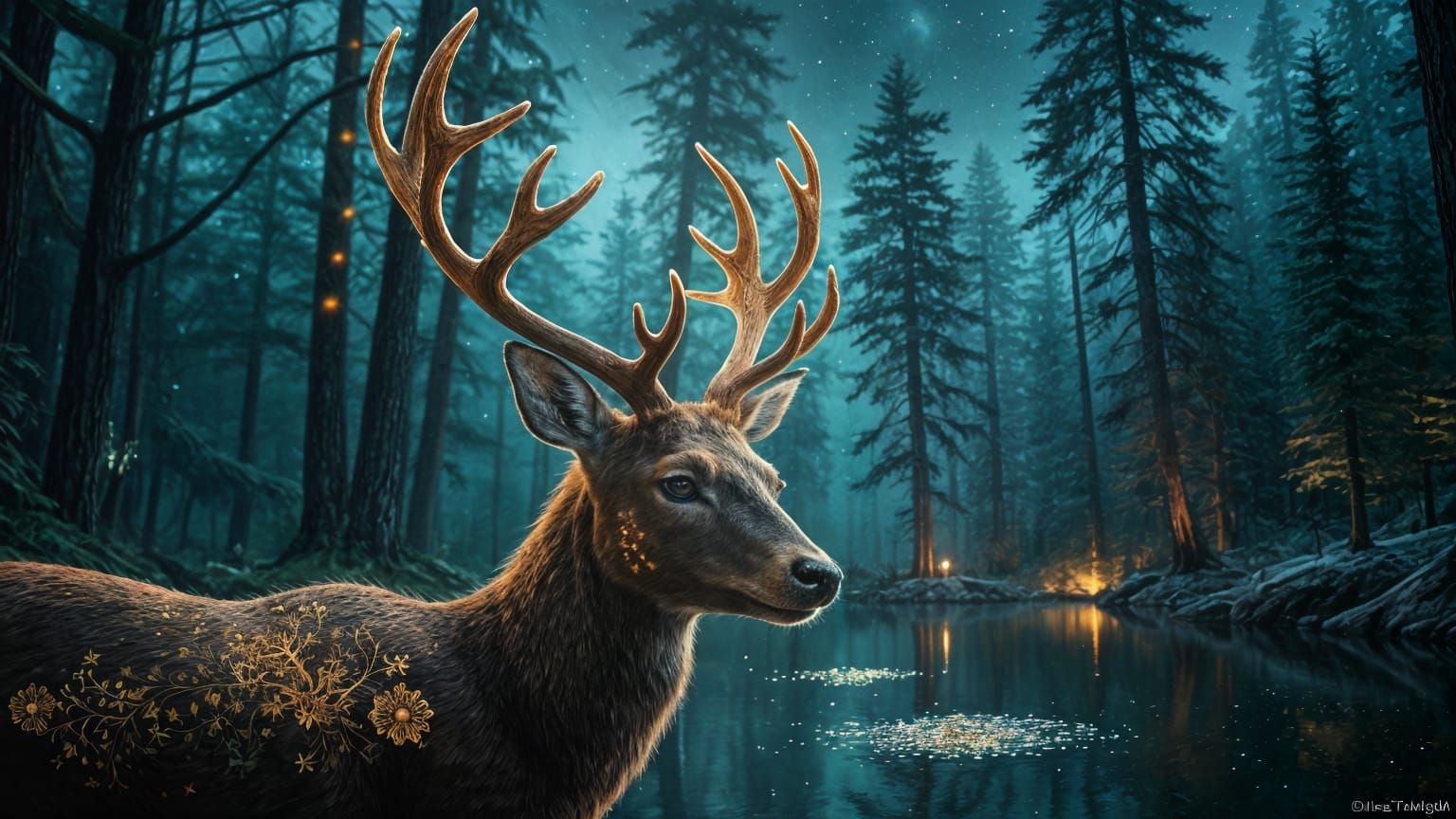 Fantasy Deer at Sparkling Pond: Oil Painting