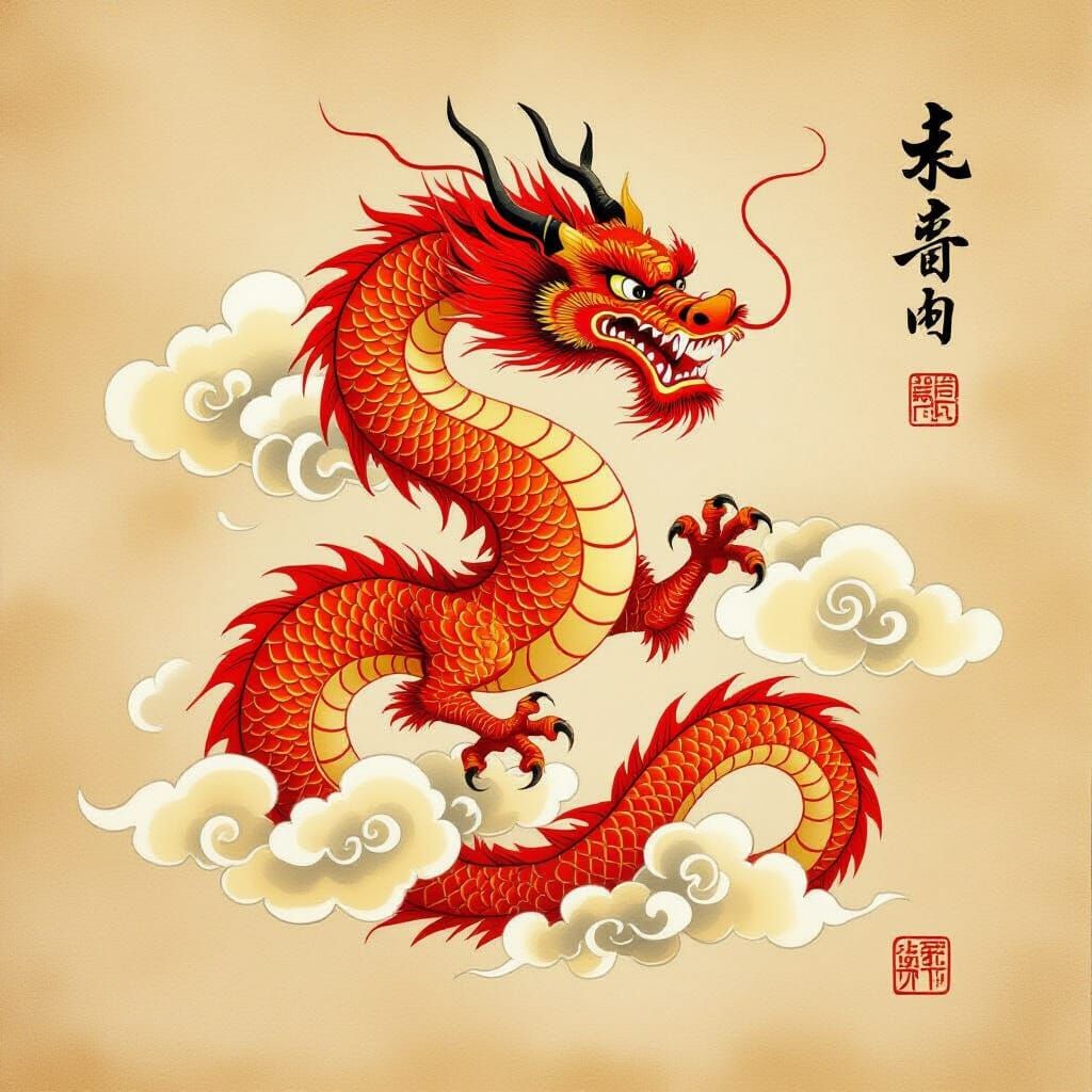 Red Dragon on Parchment in East Asian Style