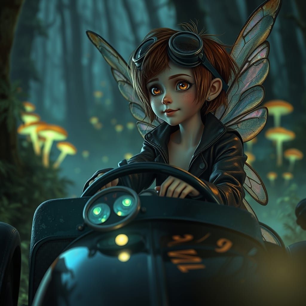 Fairy Drives Race Car Through Bioluminescent Forest