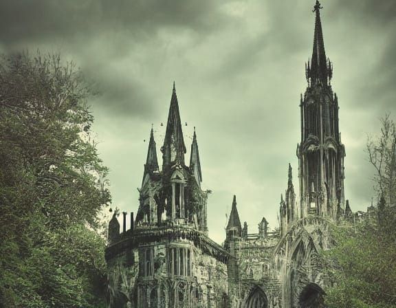 Gothic Ruins on a Rainy Night: A Hyperrealistic Gothic Scene