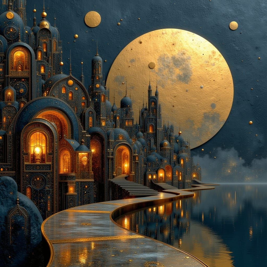 Vaporwave Double Exposure: Moon over Lakeside Village