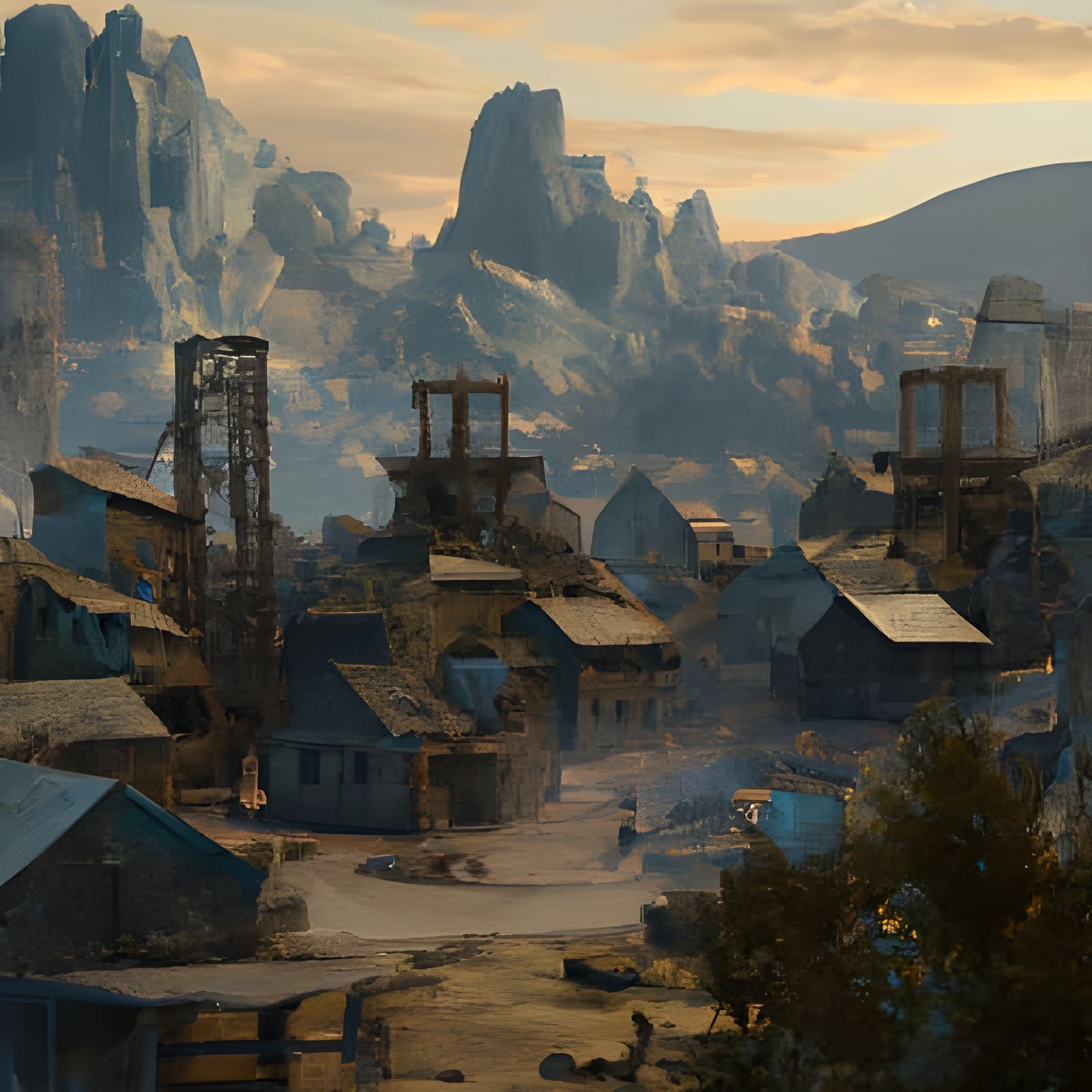 Abandoned Mining Village Sunset: Hyperdetailed Concept Art