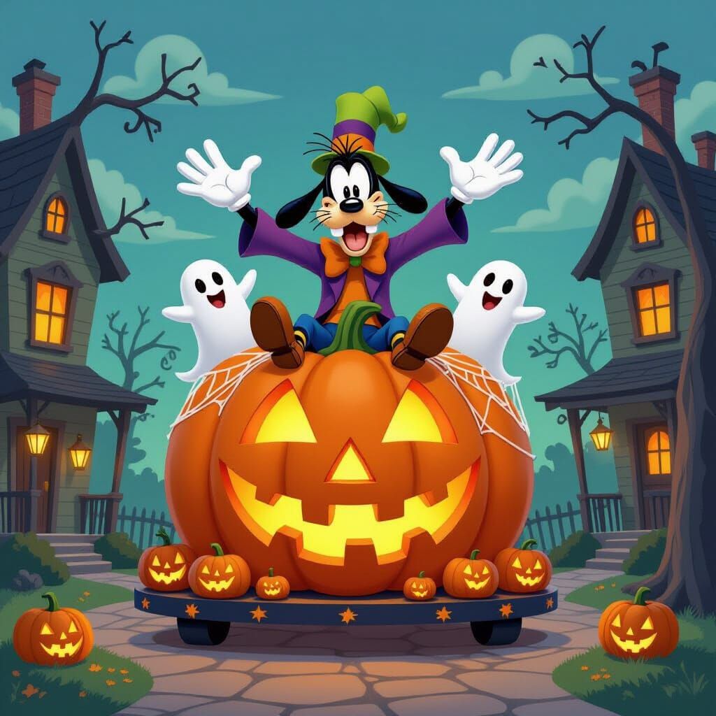 Goofy on Halloween Parade Float in Classic Disney Style