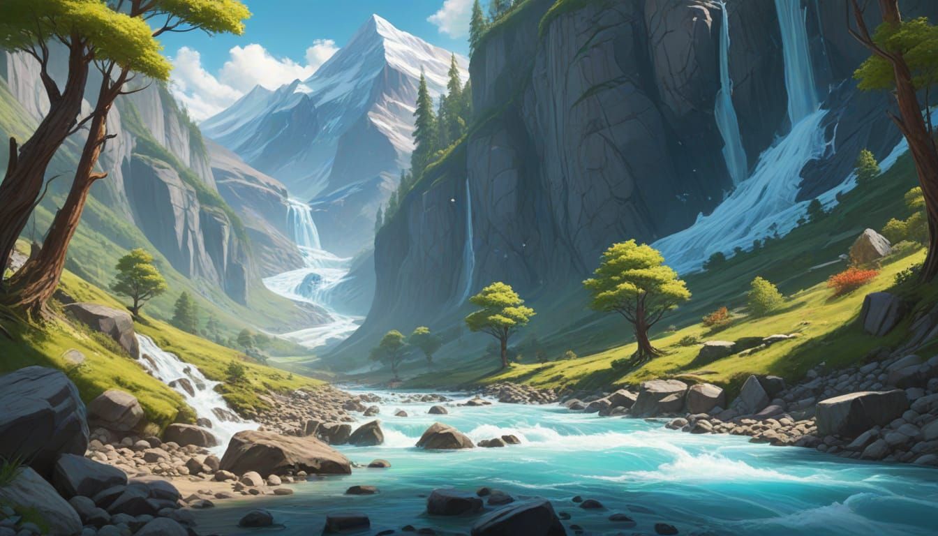 Whimsical Fantasy Landscape: River Races Glacier