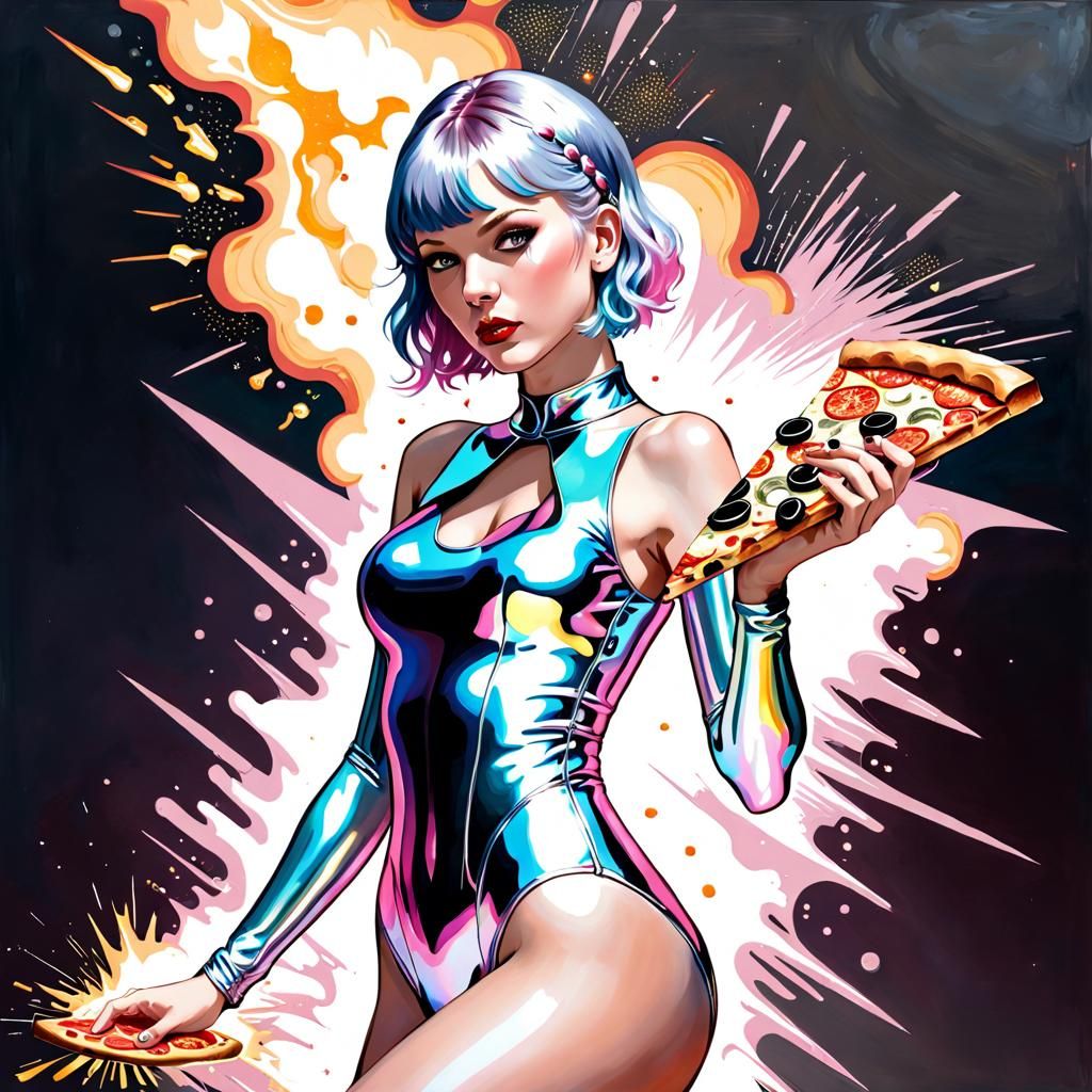 Cyborg Taylor Swift Eating Pizza in Futuristic Style