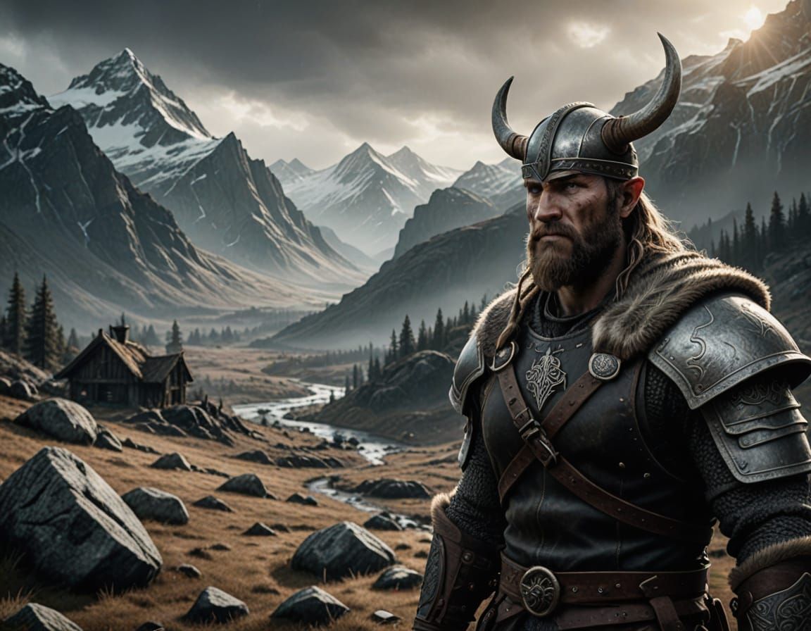 Viking Warrior in Skyrim Landscape - Cinematic Concept Art