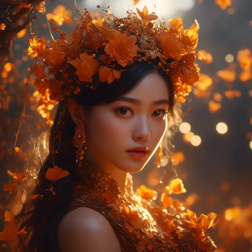 Autumn Girl with Amber Eyes in Fantasy Style