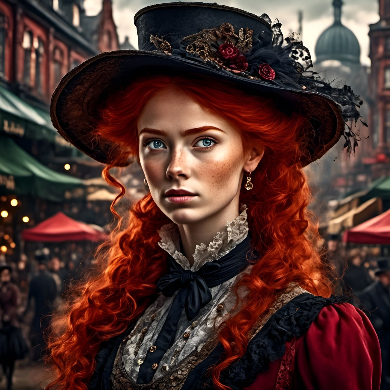 Victorian Market Maiden with Red Hair Illustration