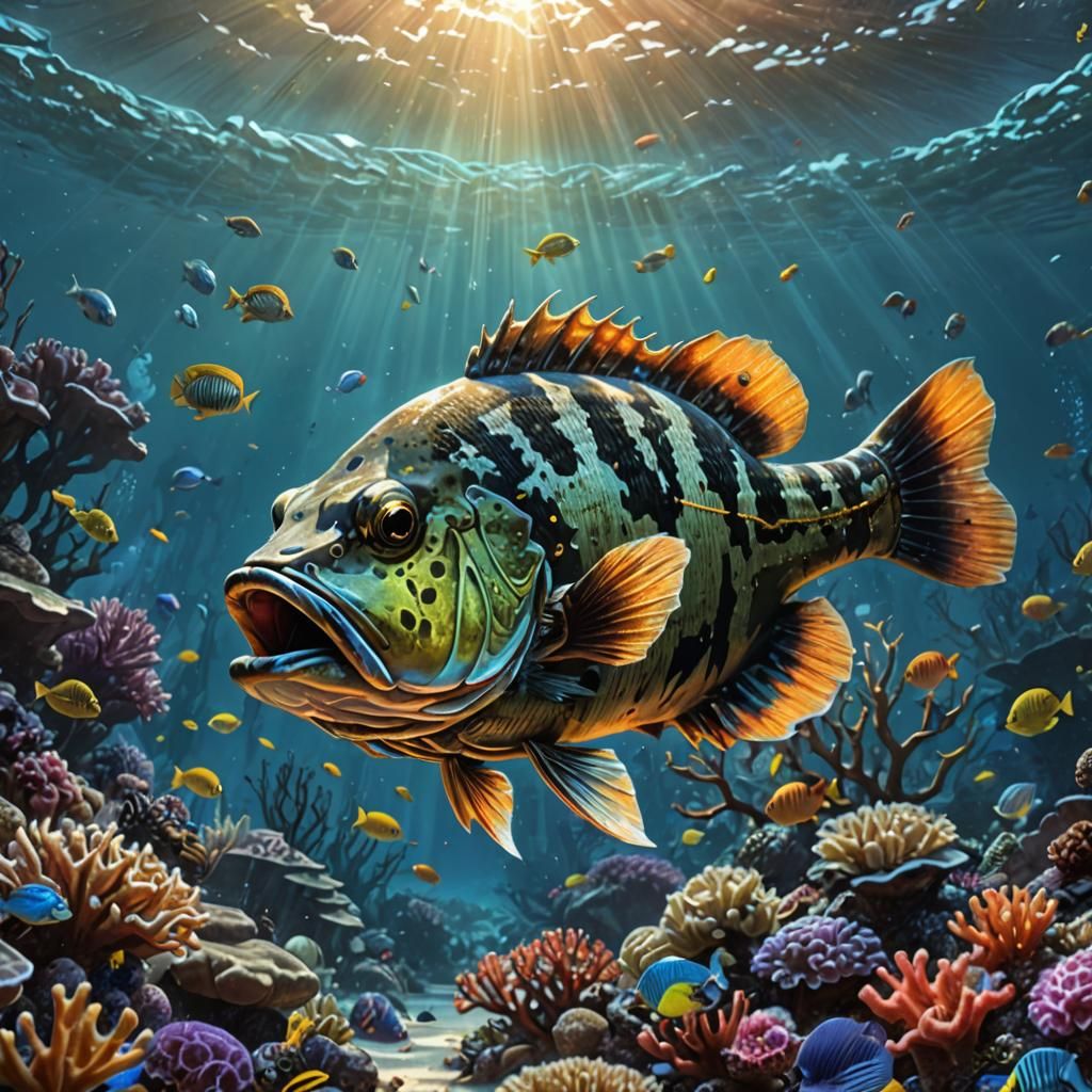 Bass at Coral Reef: Hyperdetailed Digital Illustration