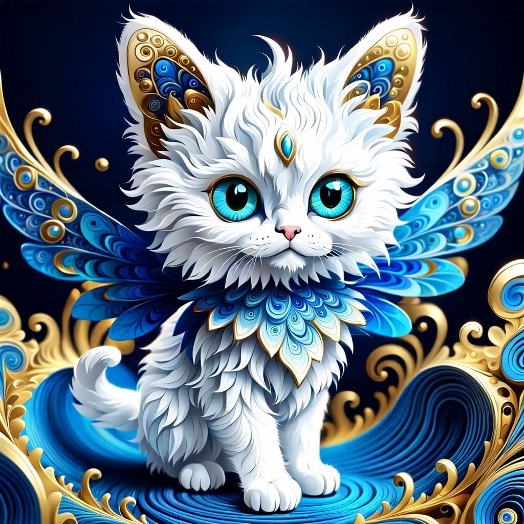 Fluffy White Fairy Cat with Blue and Gold Wings