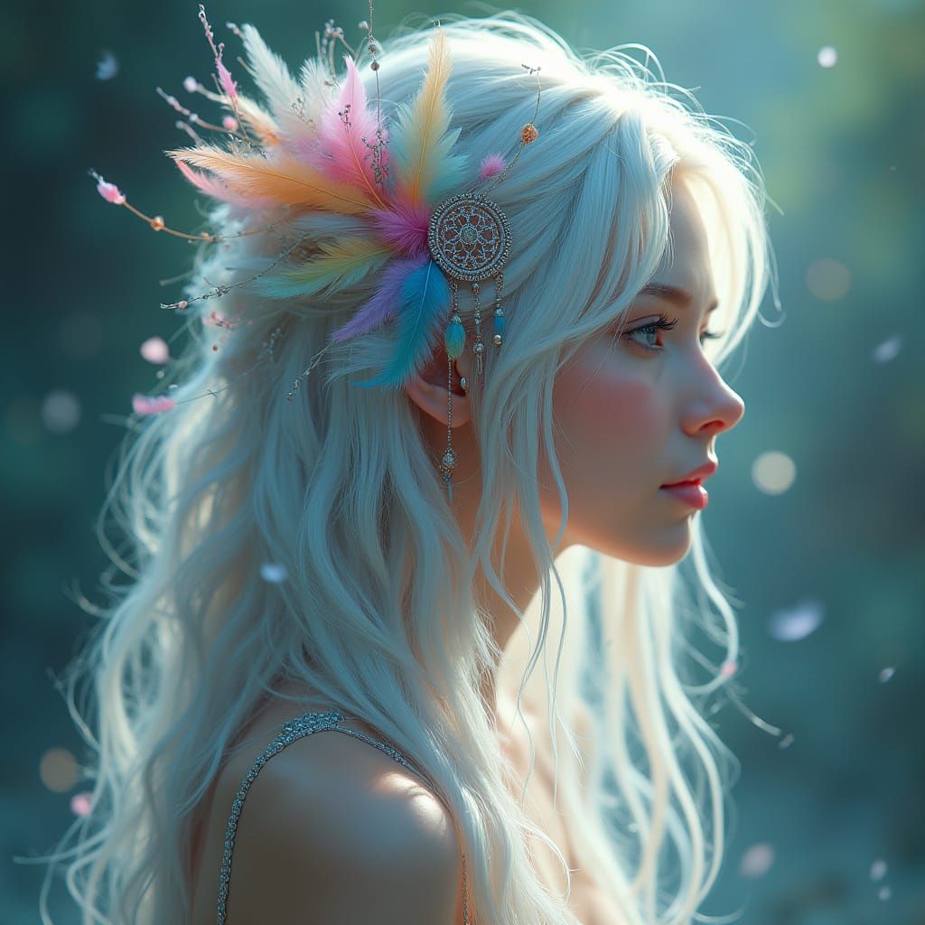 Photorealistic Woman with Feathers and Dreamcatcher