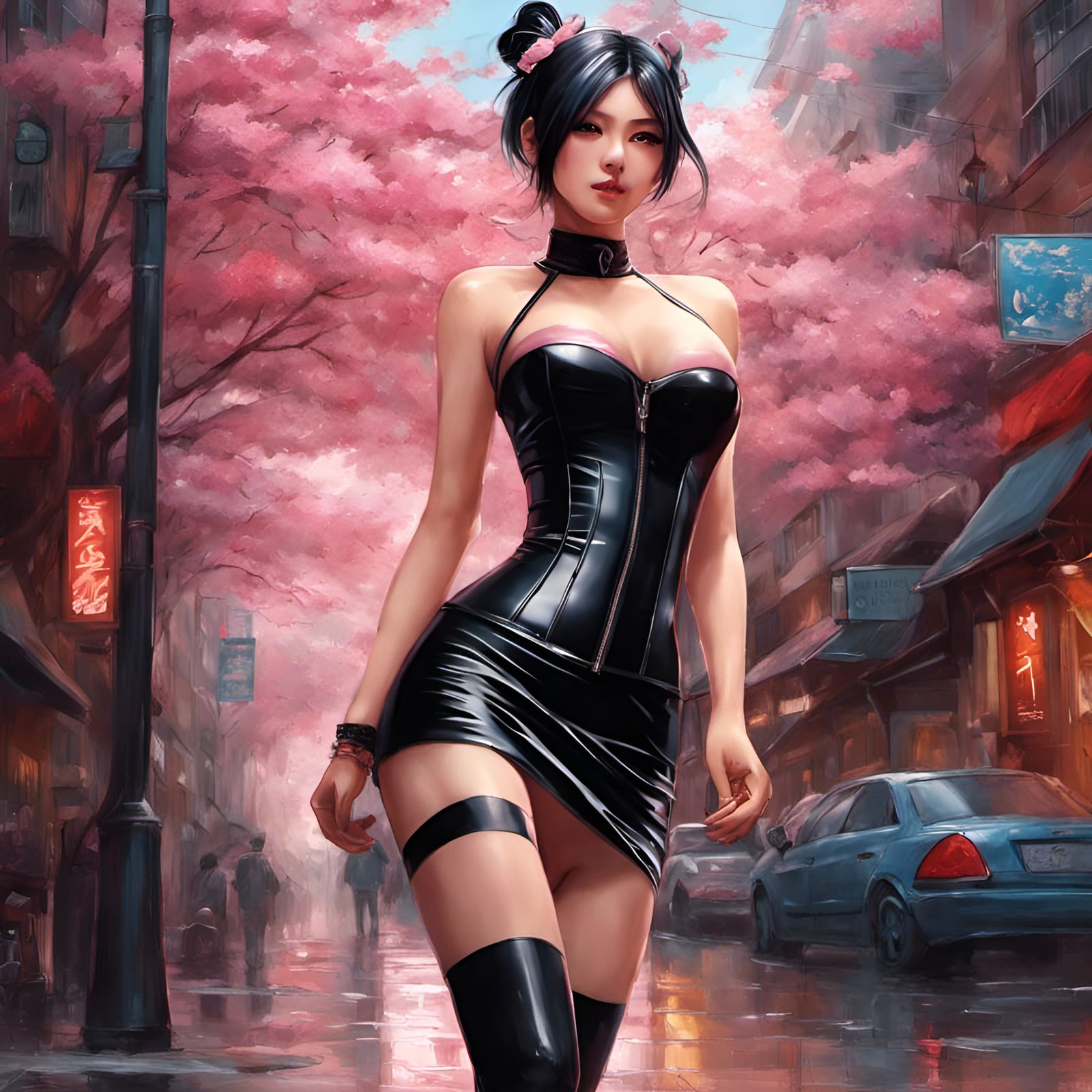 Flirty Sakura in Latex Corset, Digital Art