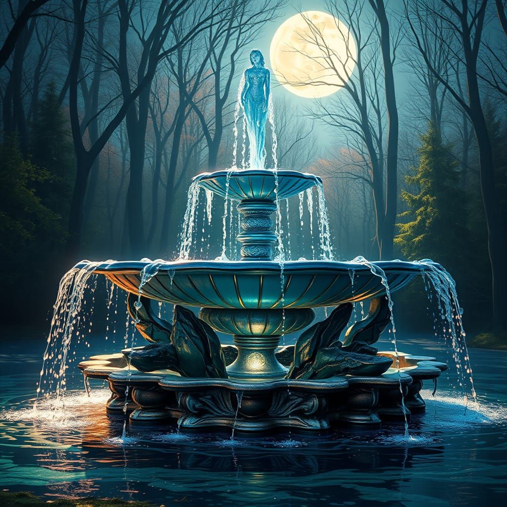 Enchanted Fountain in Moonlit Glade as Matte Painting