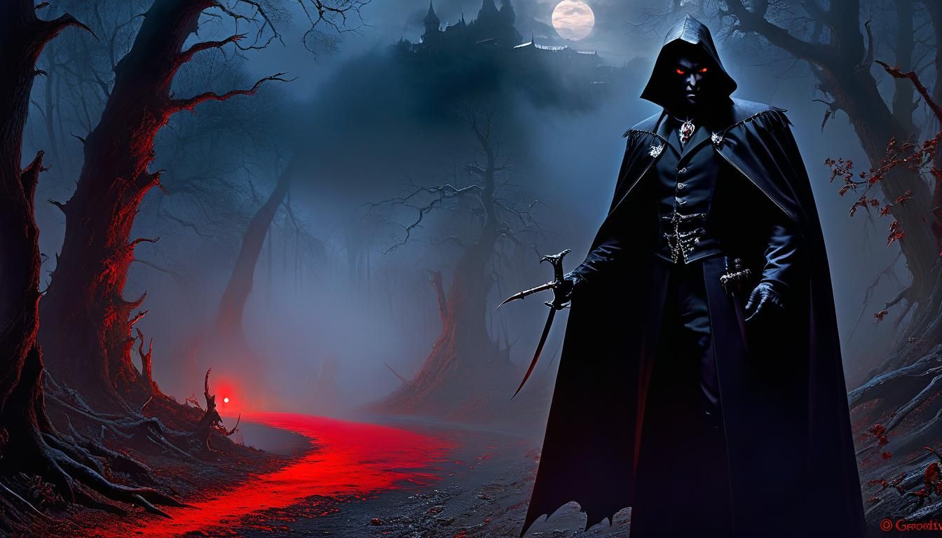 Terrifying Shadow Vampire with Red Eyes, Oil Painting