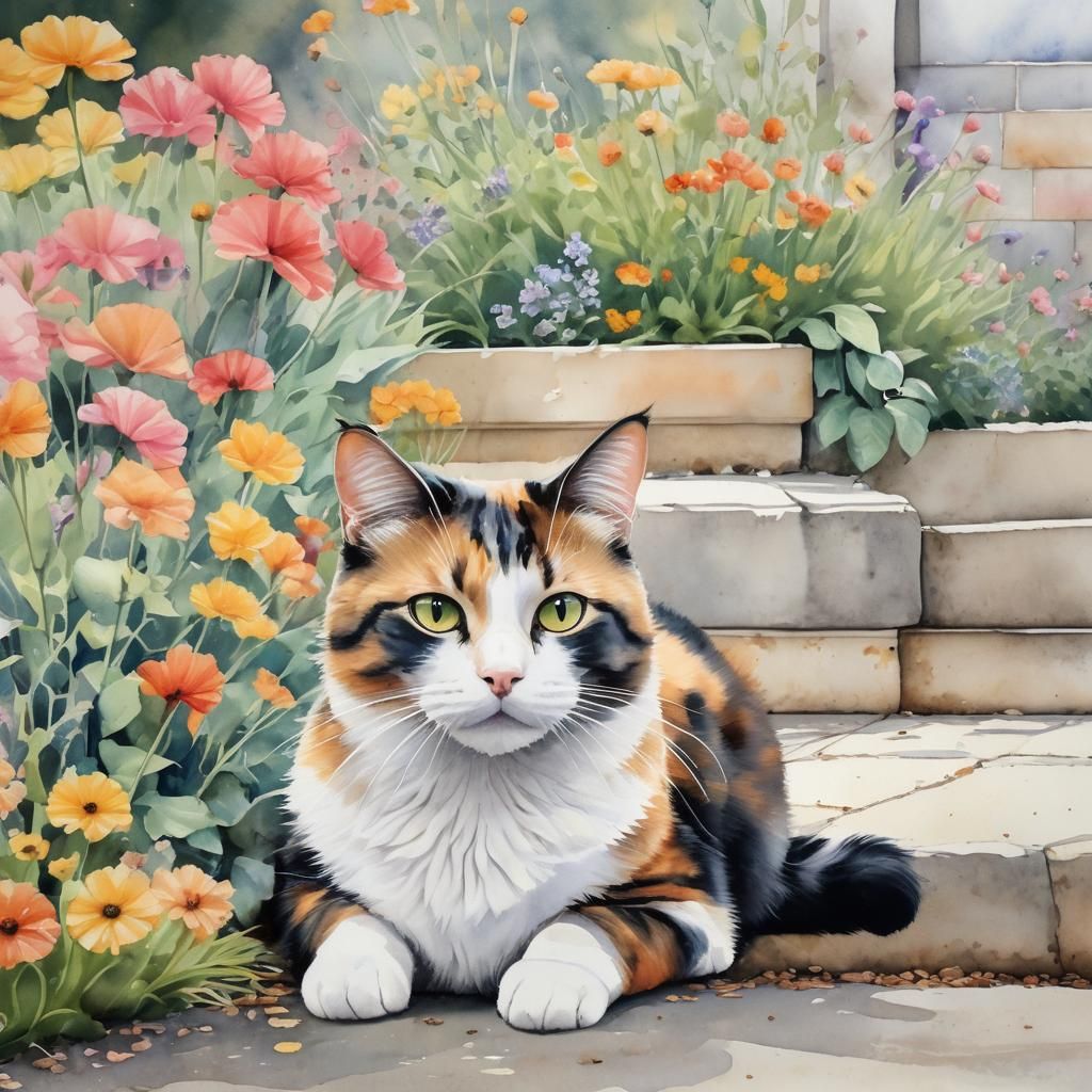 Calico Cat in Flower Garden: Watercolor Painting