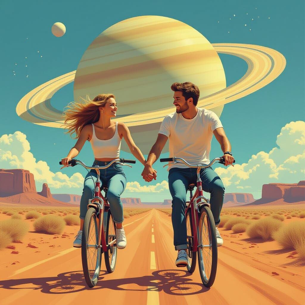 Couple Cycling Hand-in-Hand on Saturn Rings in Dreamlike Sce...