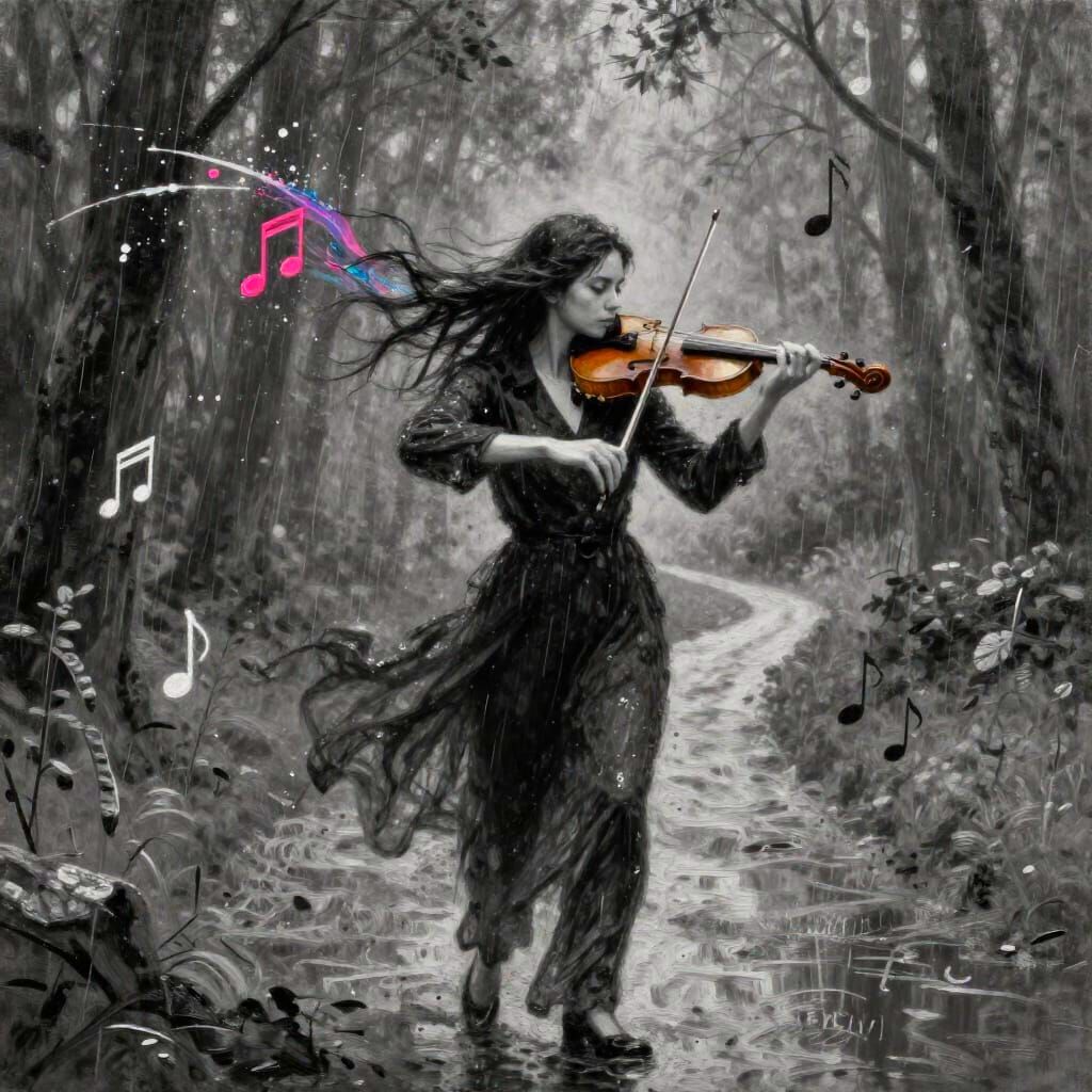 Violinist's Colorful Notes Splash Through Monochrome Forest