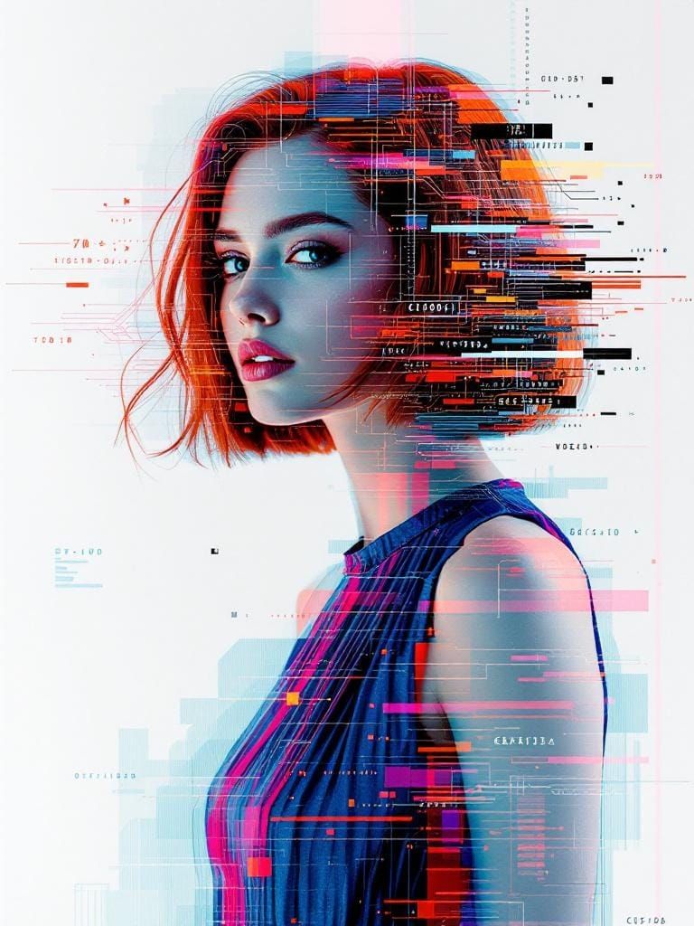 Redhead in Glitch Reality: Digital Artifacts Overlay