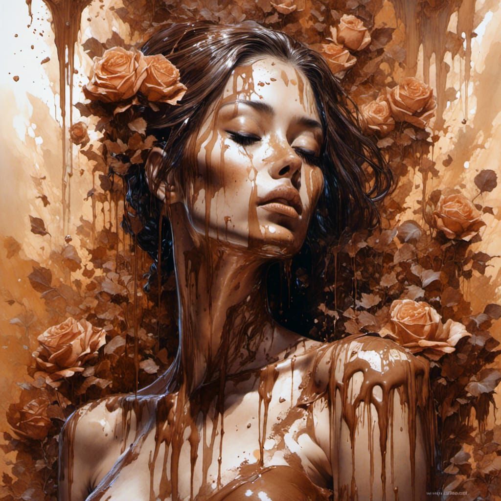 Chocolate Woman Under Milk Waterfall in Lush Rainforest
