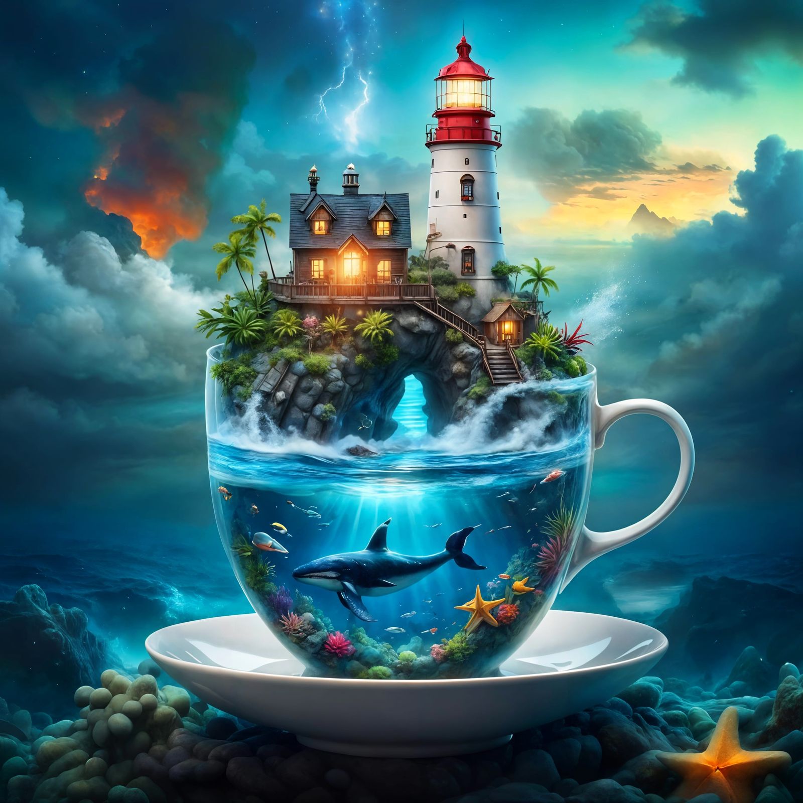 Miniature Tropical Sea World in Teacup, Digital Art