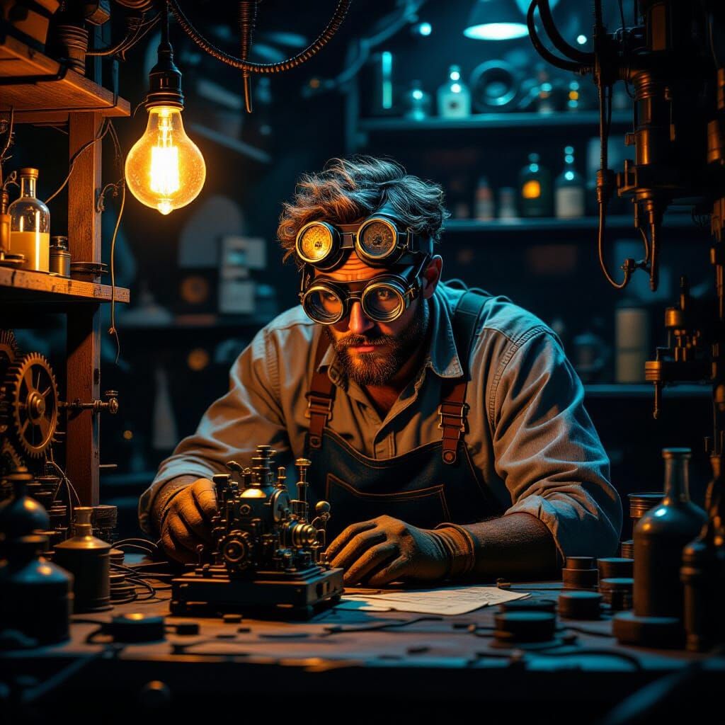 Whimsical Inventor in Steampunk Workshop