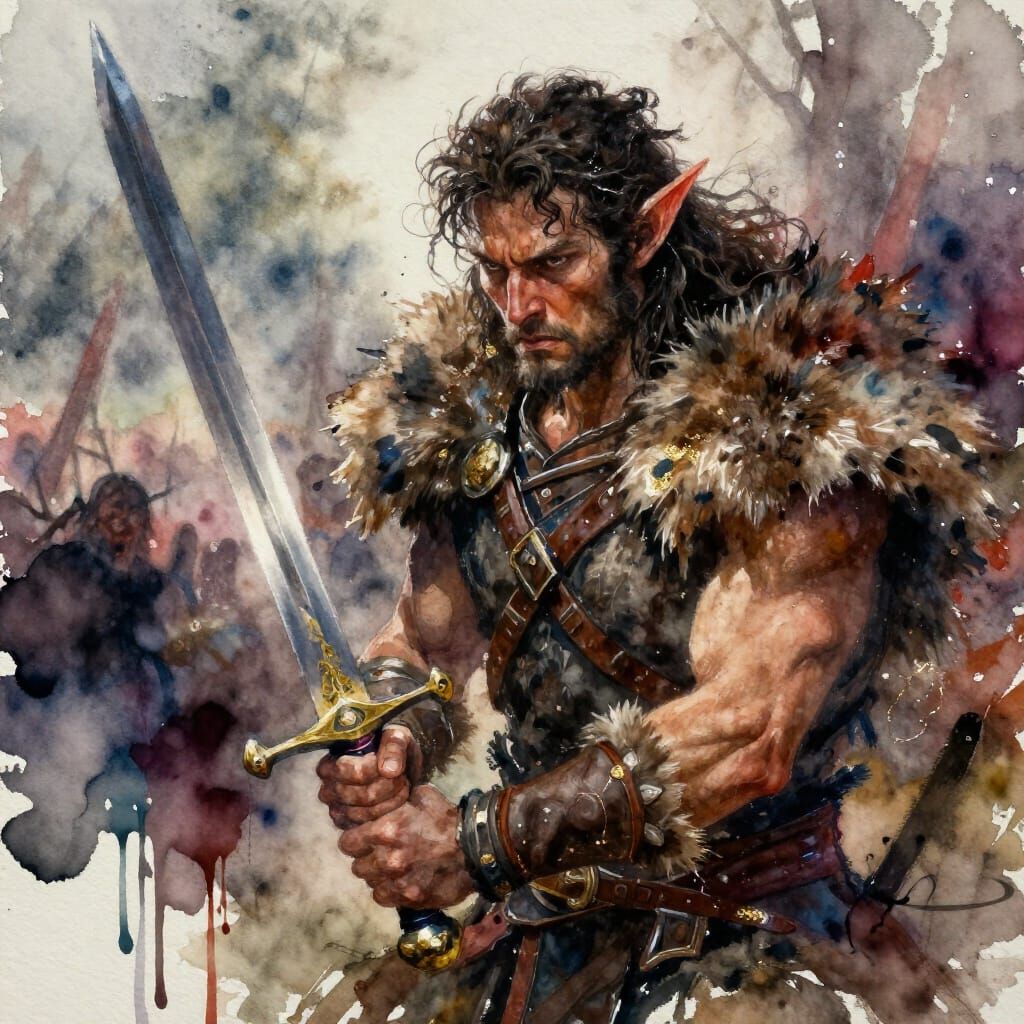 Warrior Elf in Dramatic Watercolor Landscape
