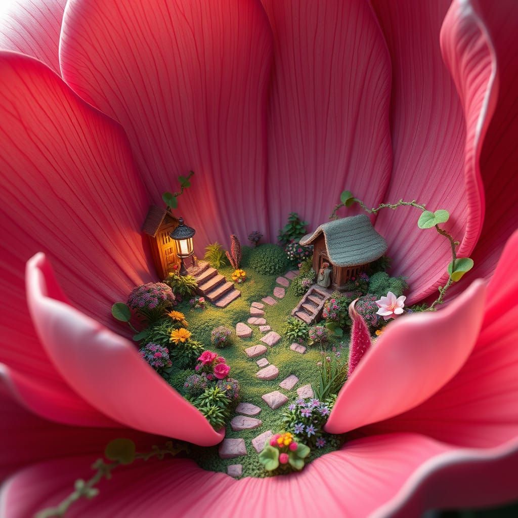 Whimsical Miniature Garden within a Rare Flower