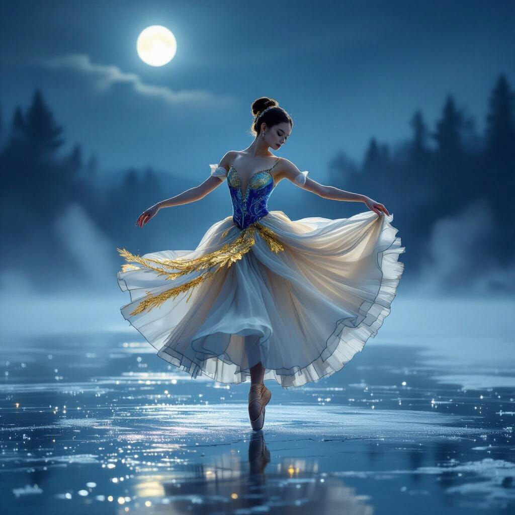 Ethereal Ballerina Dancing on Glass Lake Under Moonlight