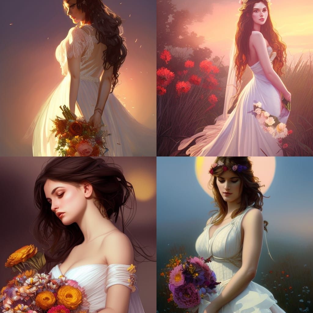 Beautiful Girl in Wedding Dress Sunset Portrait