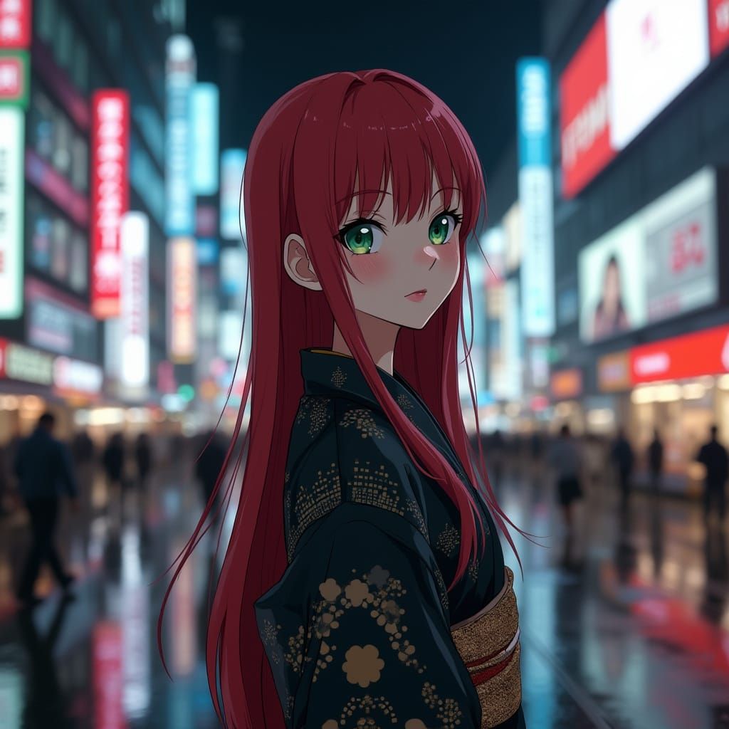 Japanese Woman in Glitch Kimono, Tokyo Night