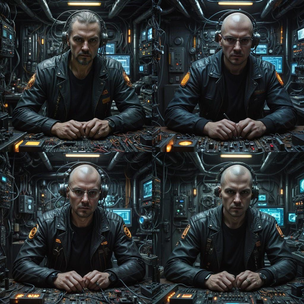 Cyberpunk Engineer Intensely Focuses on High-Tech Project