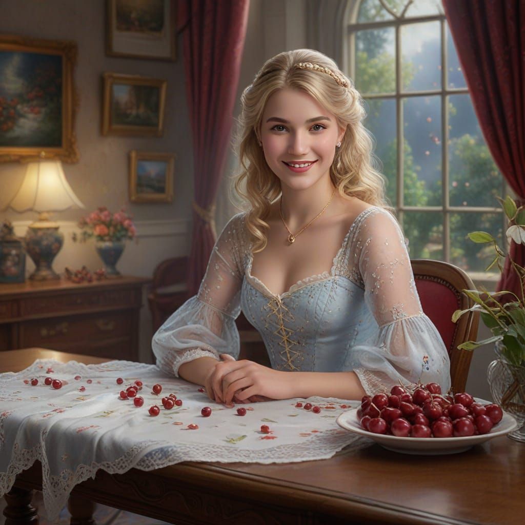 Ethereal Fantasy Portrait: Blond Woman with Cherries