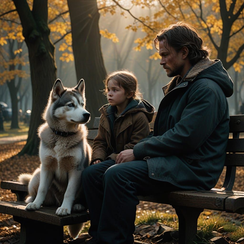Hyper-Realistic Husky Puppy and Child in a Park Scene