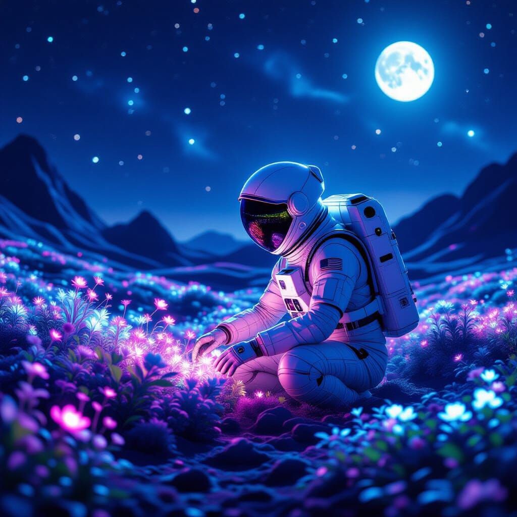 Astronaut Tends Bioluminescent Garden on Moon