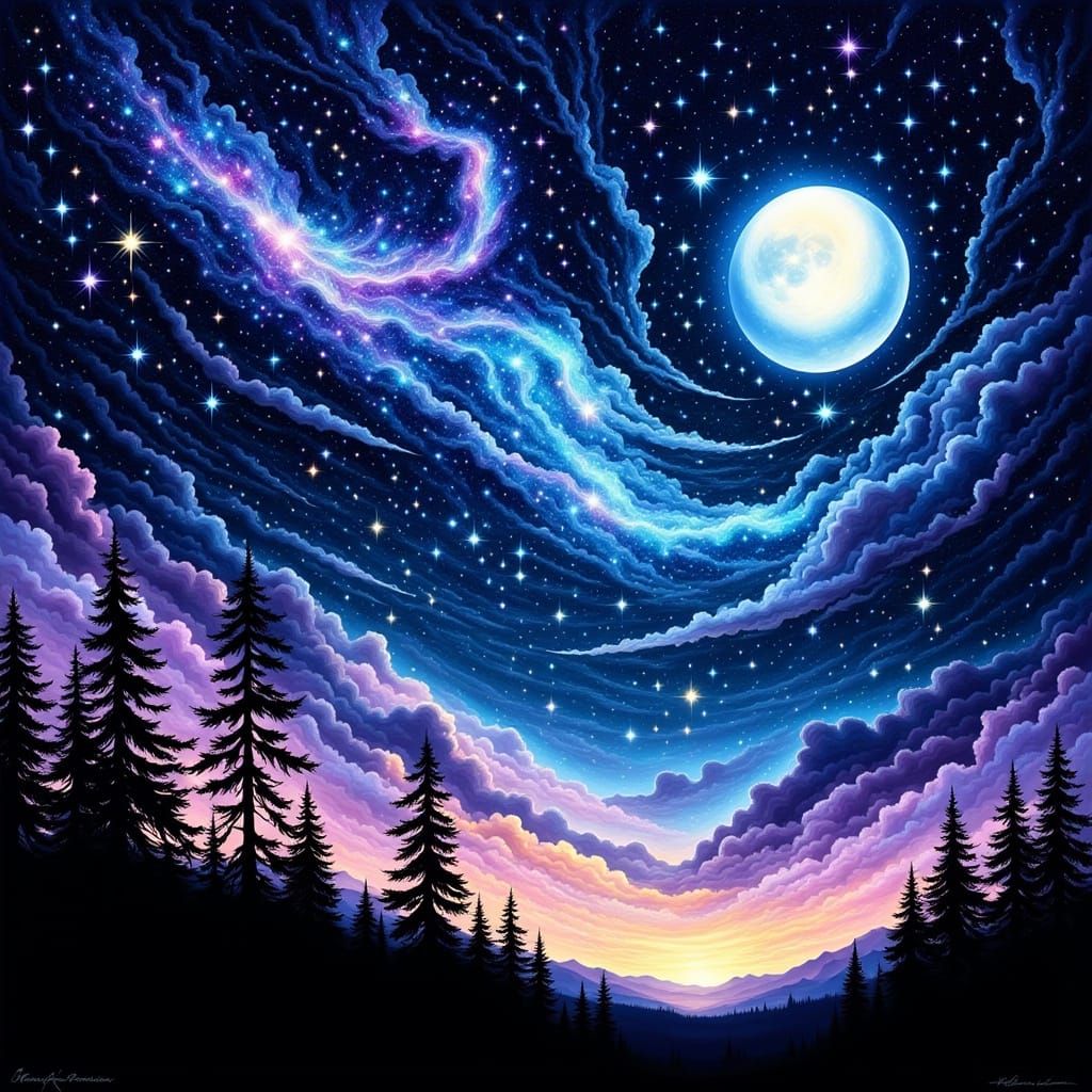 Sparkling Night Sky Inspired by Alphonse Mucha