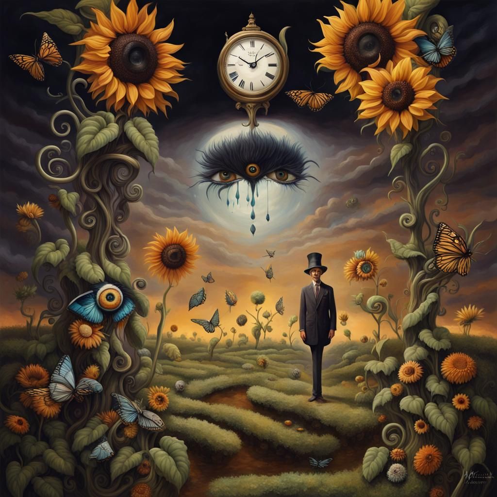 Surreal Eye Garden with Clock and Demon