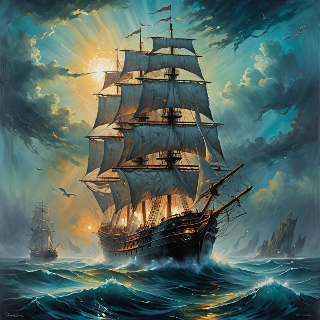 Ethereal Ghost Ship on a Glowing Ocean