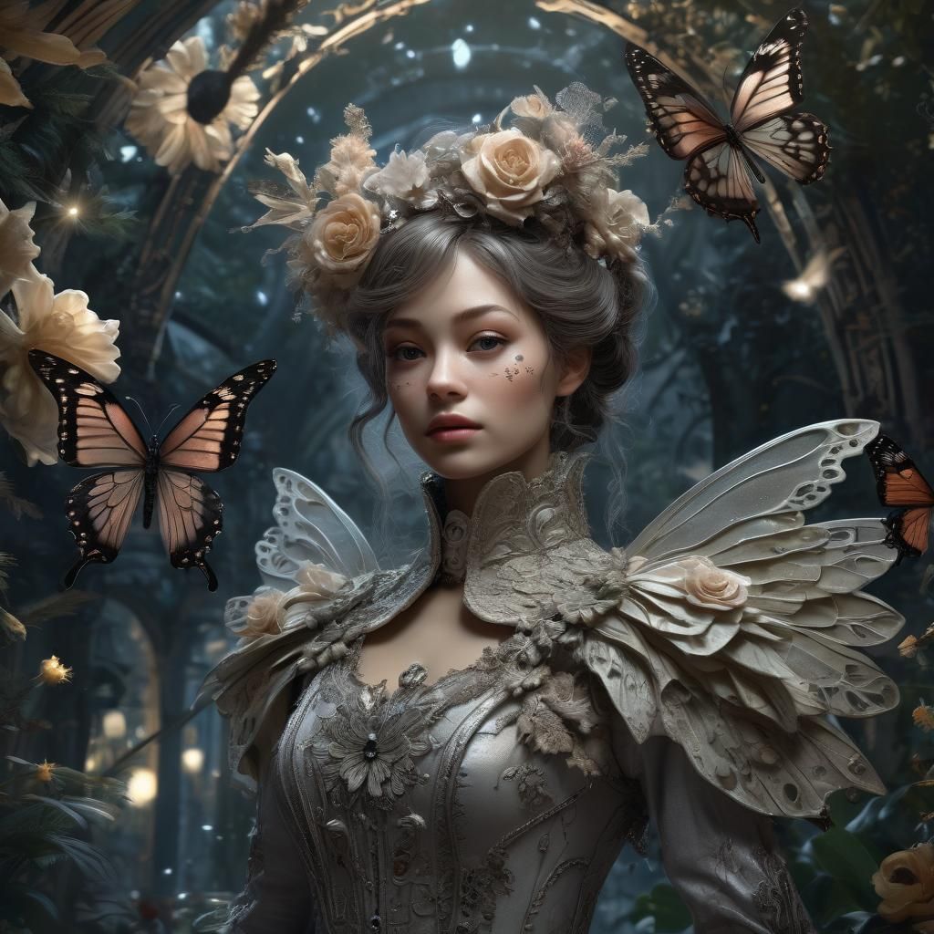 Butterfly-Human Hybrid in Moonlit Garden: Hyperrealistic CGI