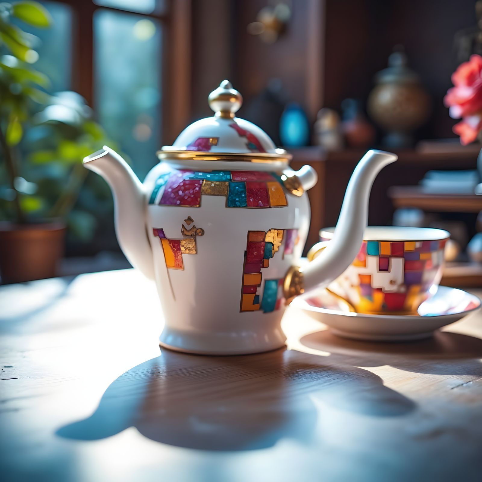 Modern Abstract Tea Set on Mirrored Surface