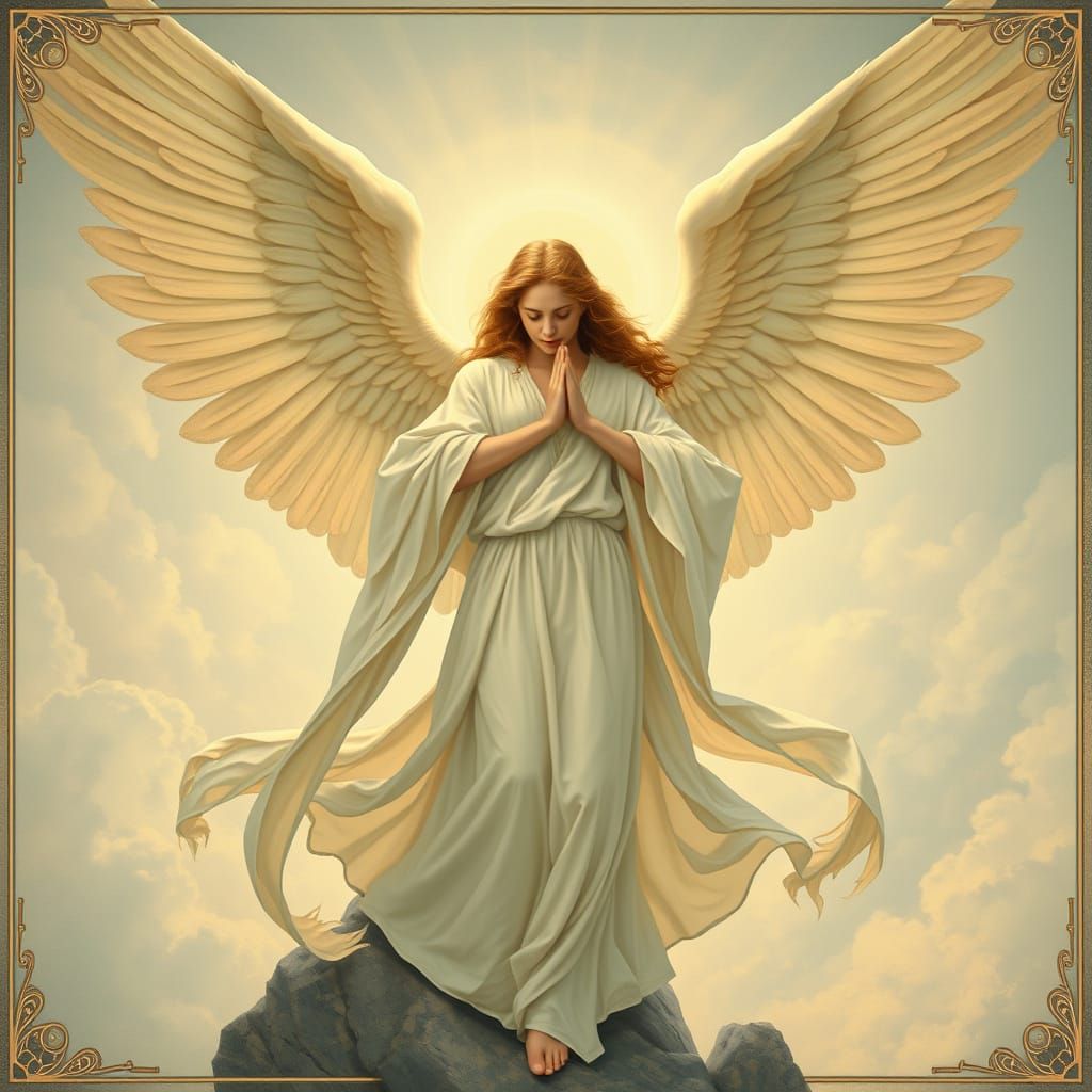 Archangel with Art Nouveau Ornamentation and Ethereal Backdr...
