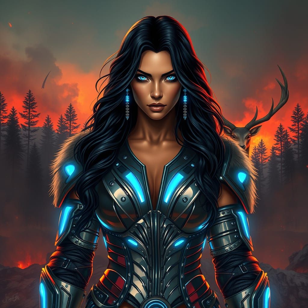 Cyberpunk Warrior Goddess in Dark Futuristic Landscape