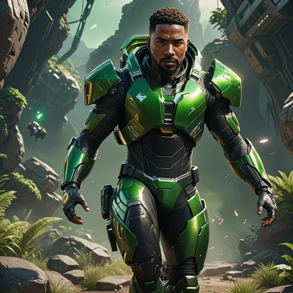 Black Space Ranger in Green Suit: 3D Game Art