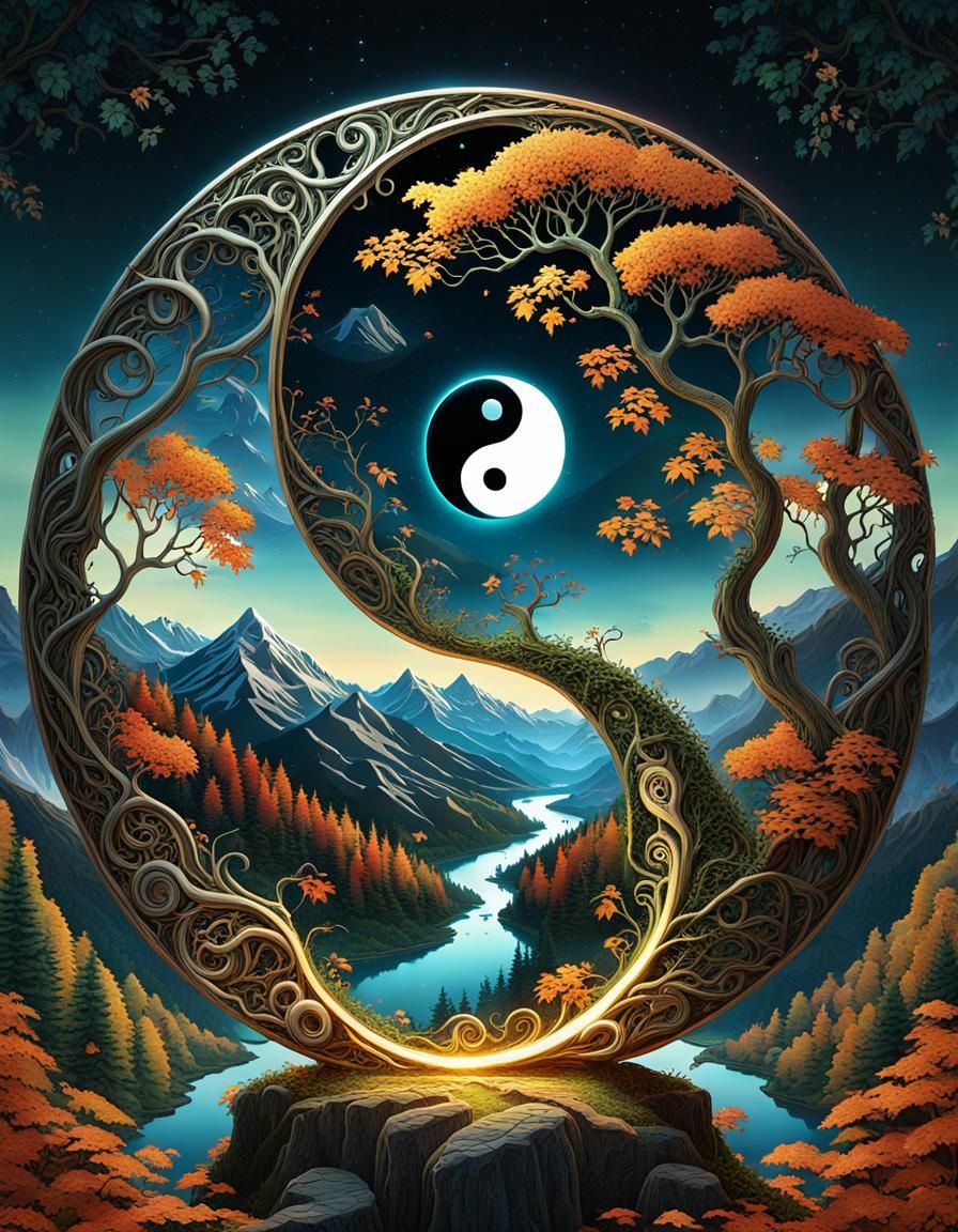 Yin Yang Symbol with Autumn Leaves, Escher-Inspired