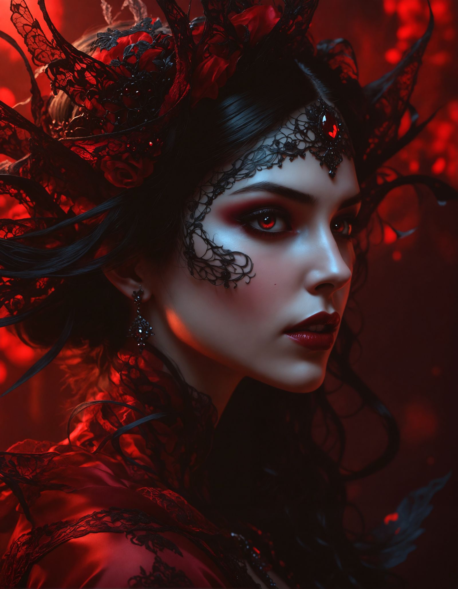 Hyperrealistic Vampire Woman Portrait in Dramatic Lighting