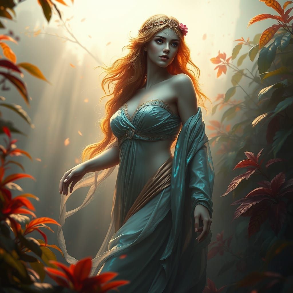 Luminous Greek Nymph Amidst Vibrant Foliage in Dreamlike Atm...
