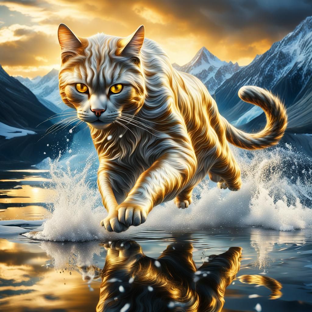 Golden Cat Leaping from Lake: Digital Matte Painting